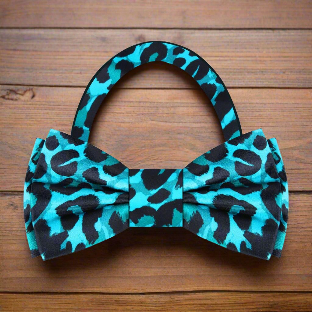 Light Blue, Black Cheetah Bow tie pre Tied