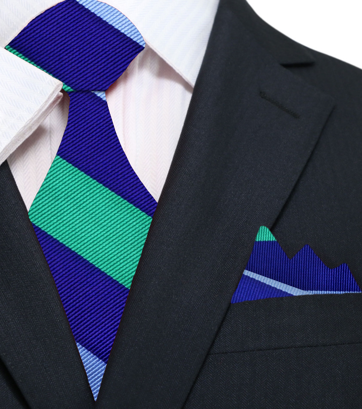 Main: A Blue, Light Blue, Green Stripe Pattern Silk Necktie, Matching Pocket Square