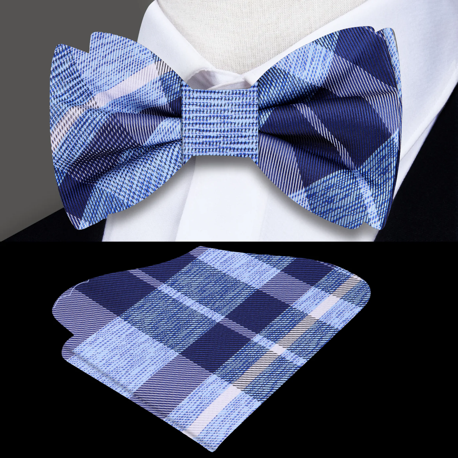 Dark Blue, Blue Plaid Bow Tie and Pocket Square||Blue