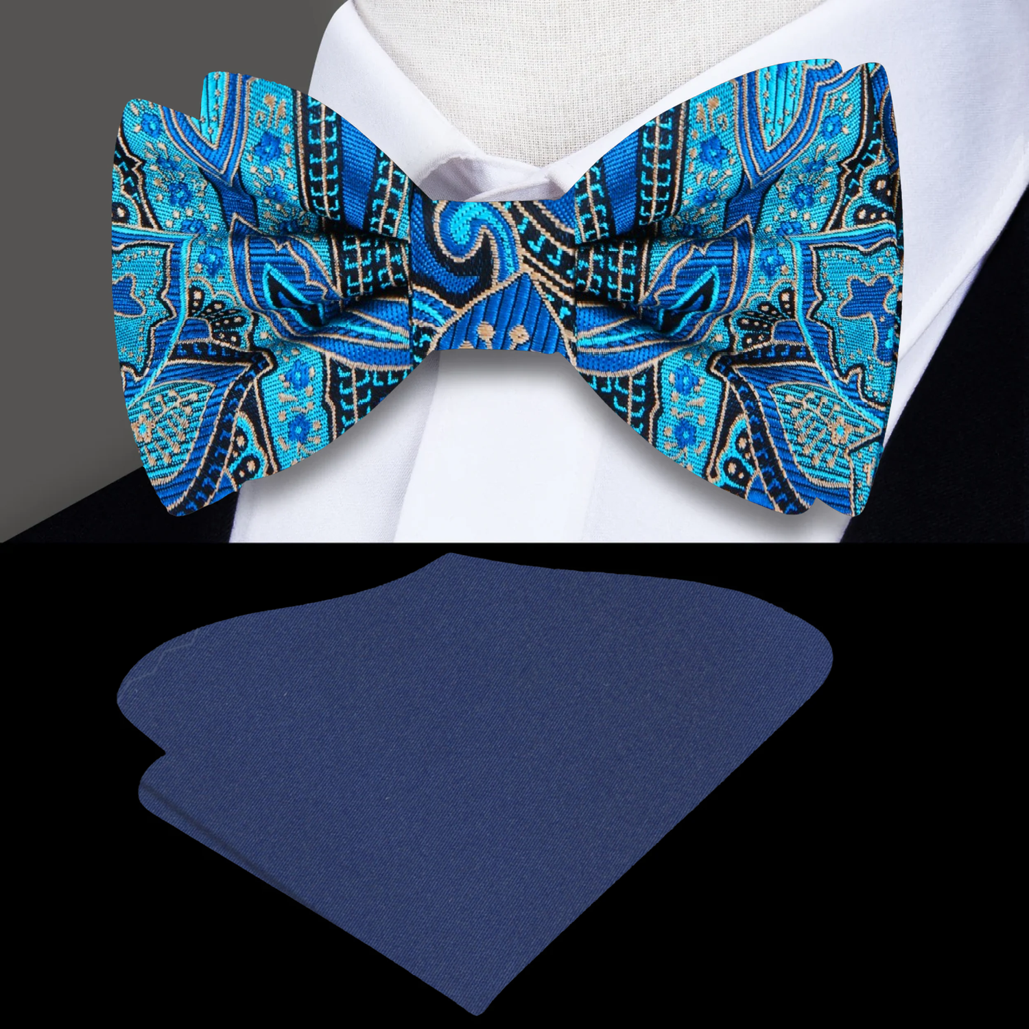 A Teal Blue, Black Abstract Floral Pattern Silk Bow Tie, Blue Pocket Square