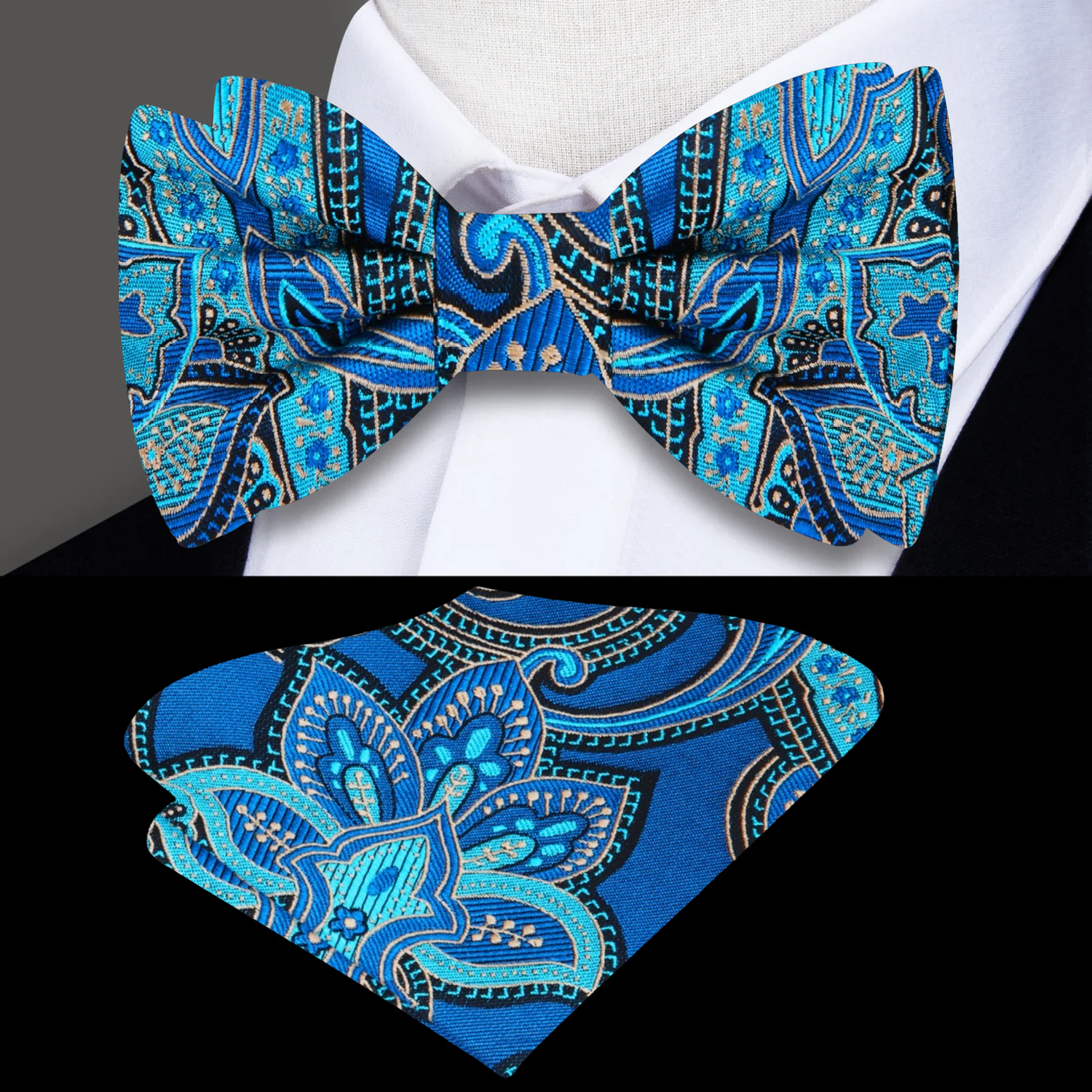 A Teal Blue, Black Abstract Floral Pattern Silk Bow Tie, Matching Pocket Square