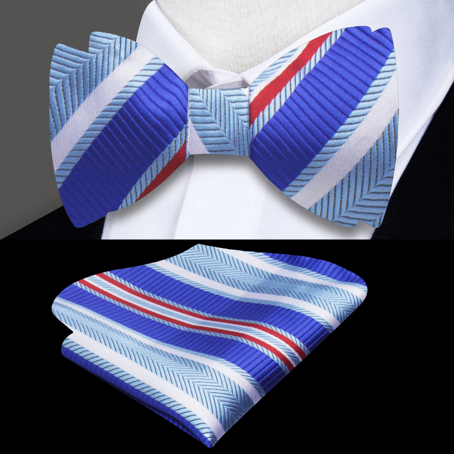 Teal, Blue and Orange Stripe Bow Tie and Pocket Square