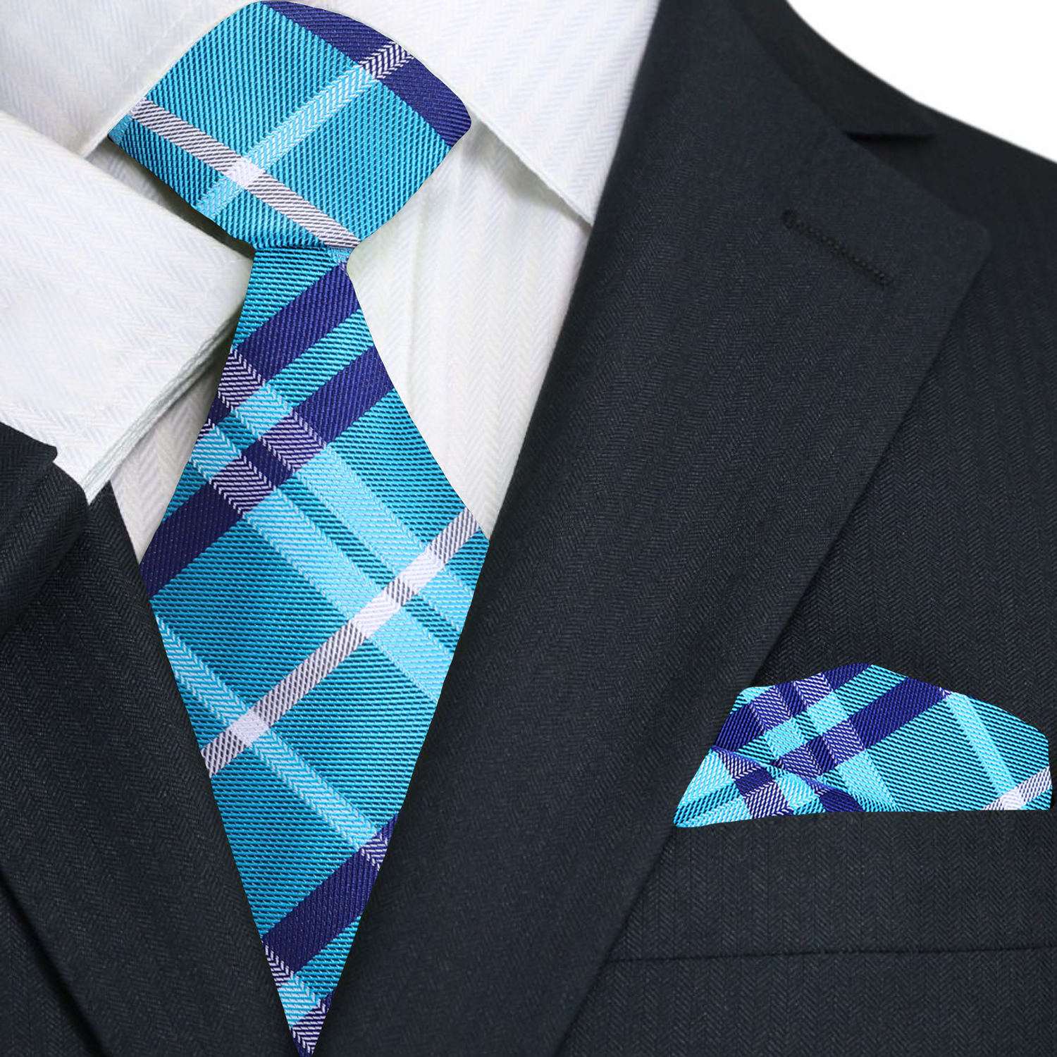 Blue plaid tie and pocket square set on a black suit jacket.