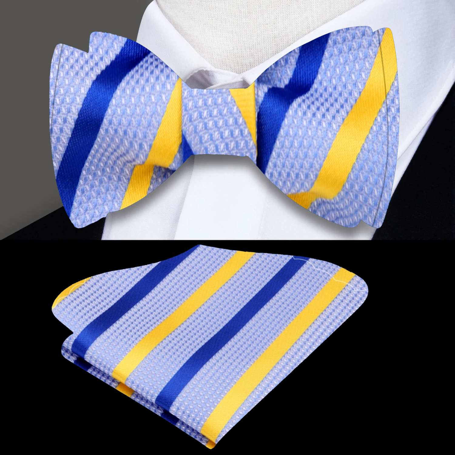 Main: Light Blue, Yellow, Blue Stripe Bow Tie and Square