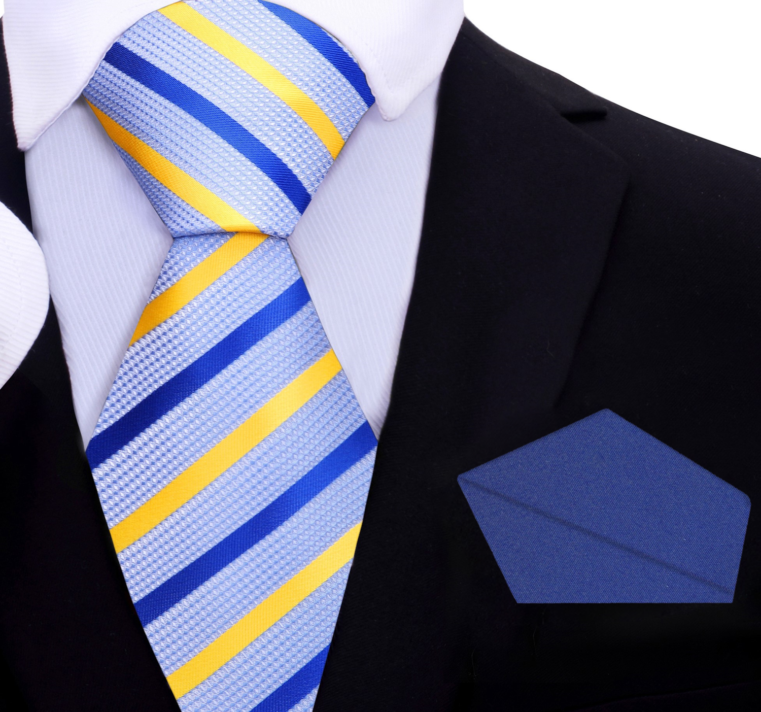 Light Blue, Blue, Yellow Stripe Tie and Blue Square