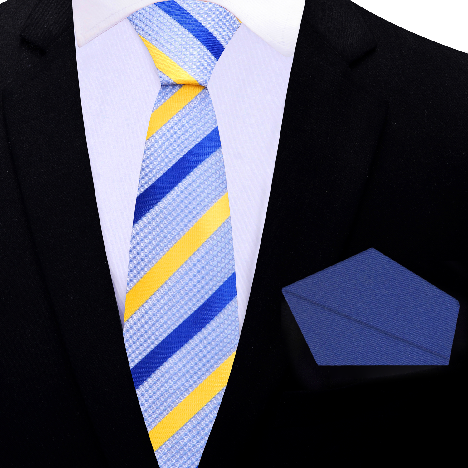 Thin Tie: Light Blue, Blue, Yellow Stripe Tie and Blue Square