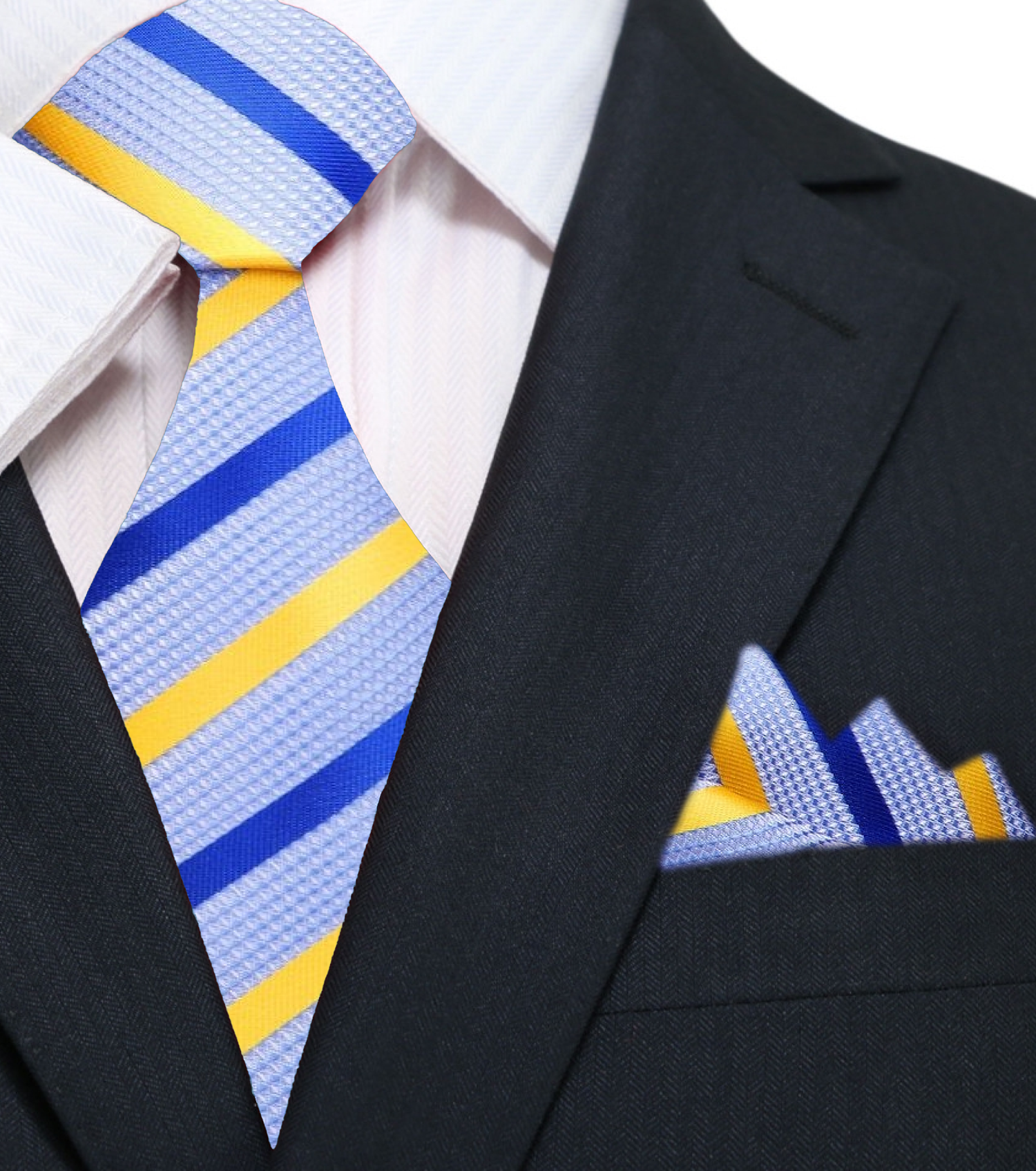 Main: Light Blue, Blue, Yellow Stripe Tie and Pocket Square