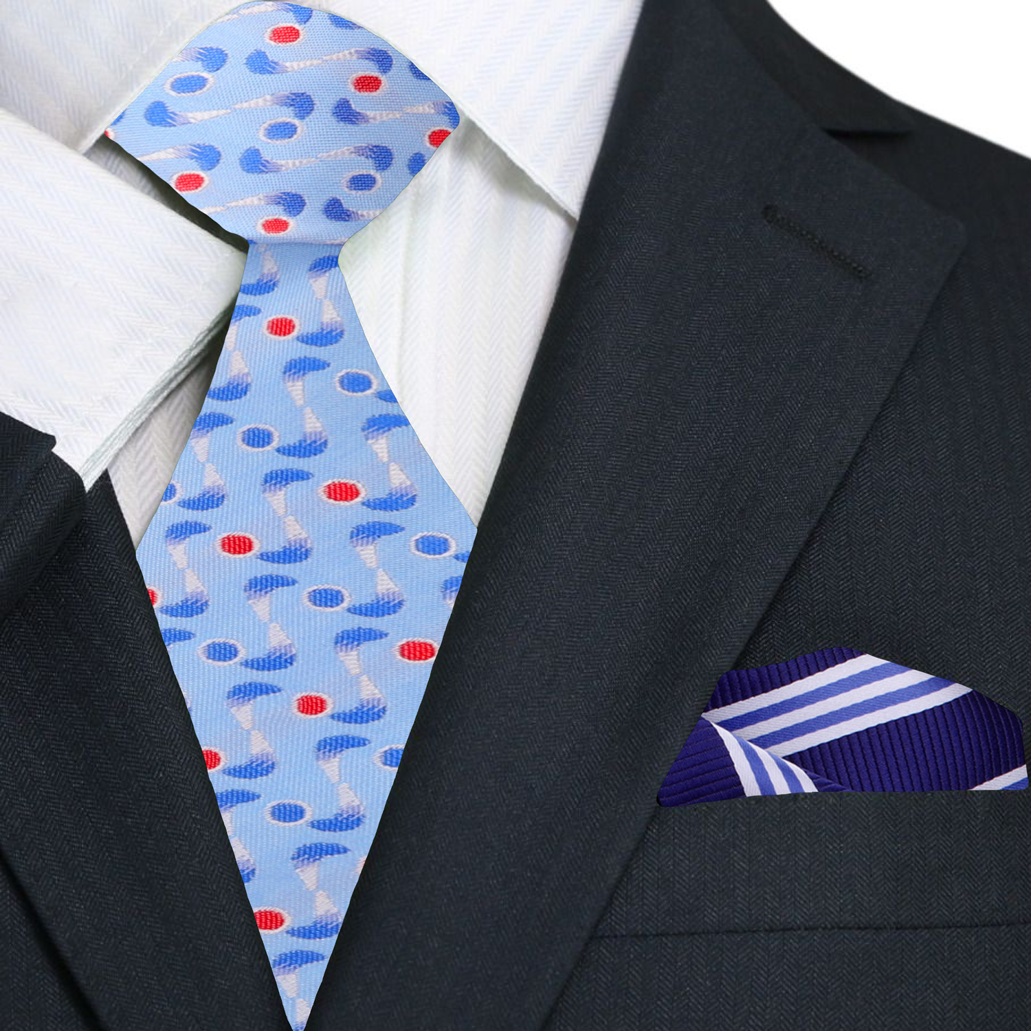 Light Blue, Red, White Boomerang Necktie and Accenting Blue Stripe Square