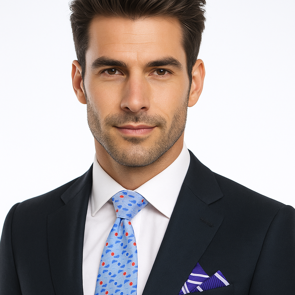 Man wearing a dark suit with a white shirt and blue tie with red patterns on a light gray background