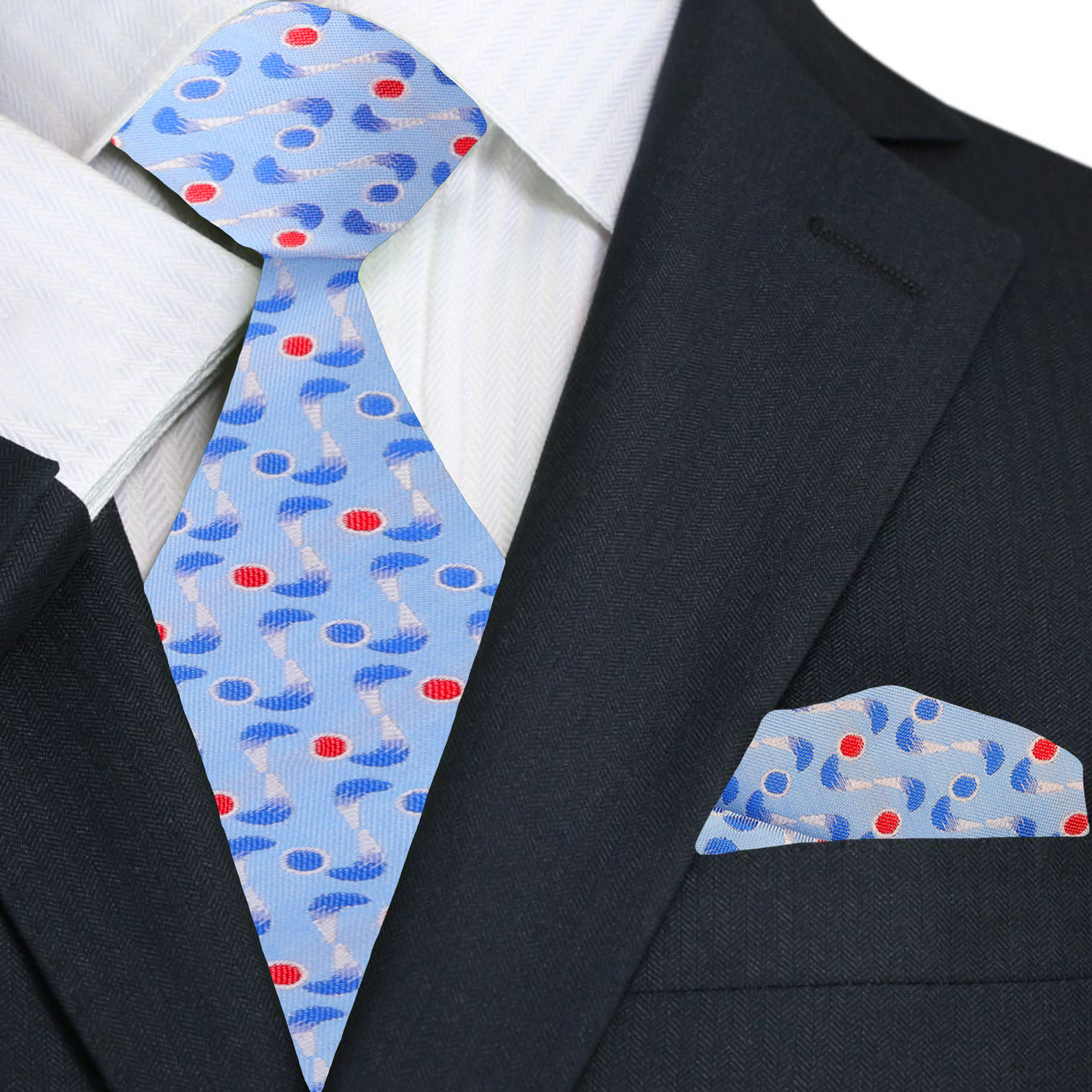Light Blue, Red, White Boomerang Necktie and Square