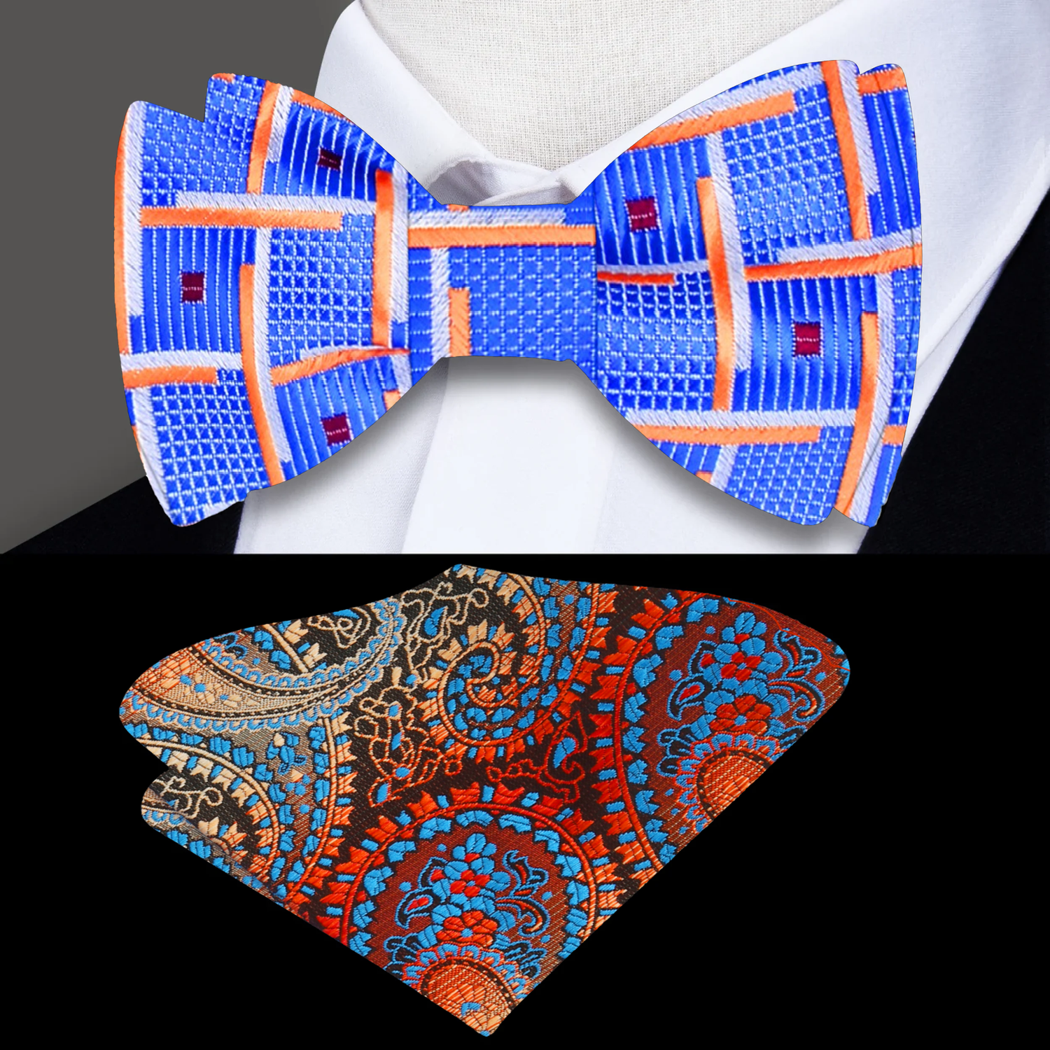 Light Blue, Orange and White Lines Bow Tie and Accenting Paisley Square