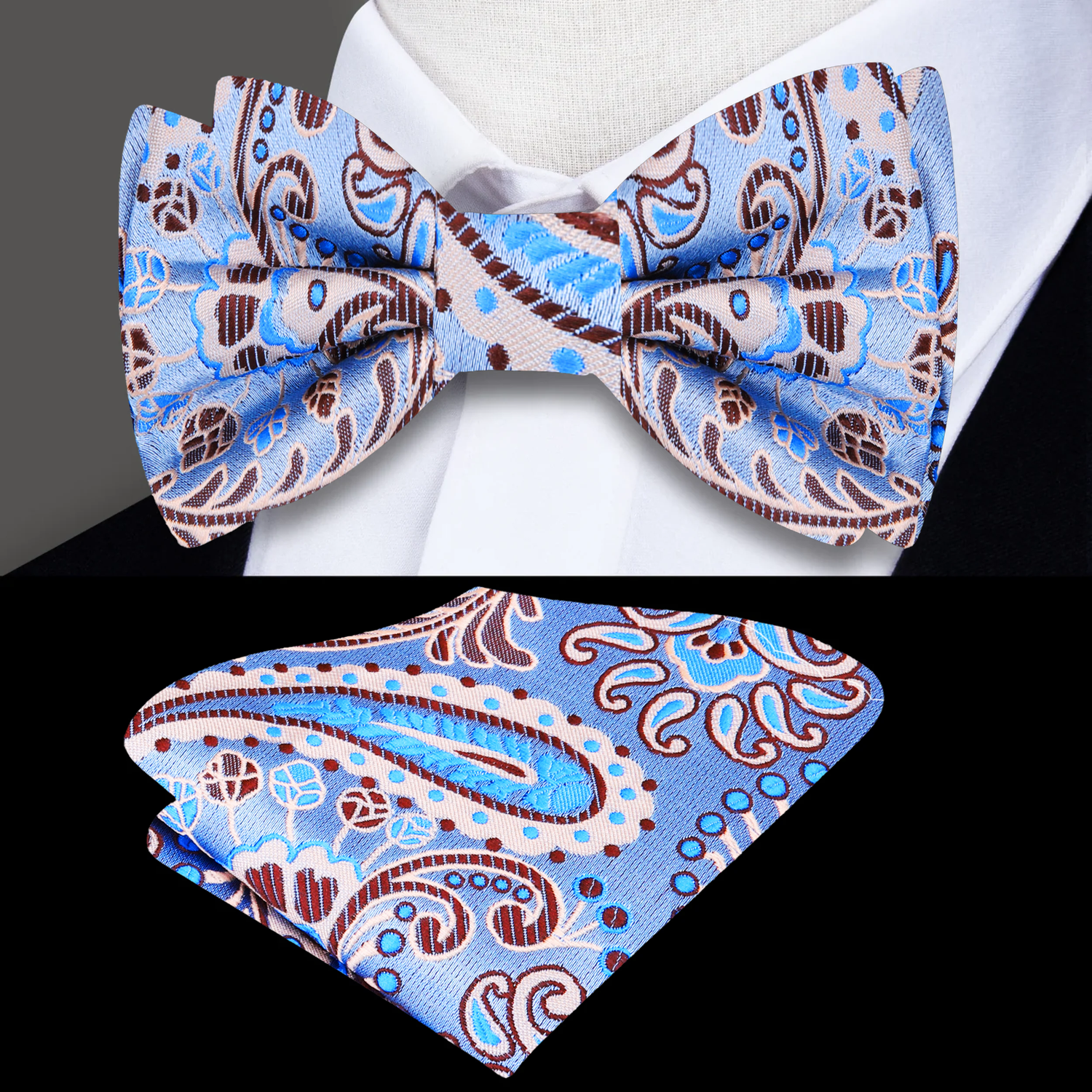 A Light Blue, Brown Paisley Pattern Silk Self Tie Bow Tie, Matching Pocket Square