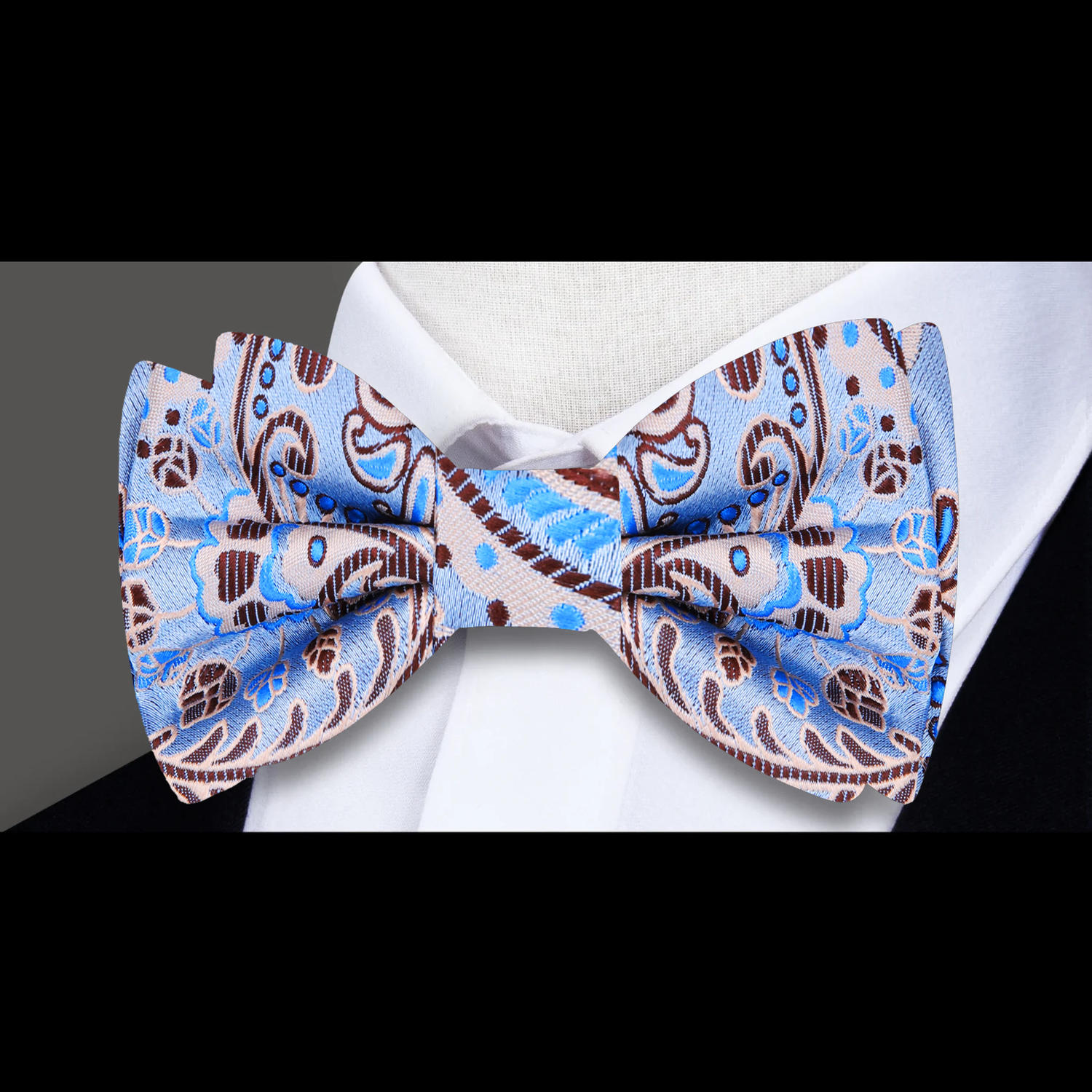 A Light Blue, Brown Paisley Pattern Silk Self Tie Bow Tie 