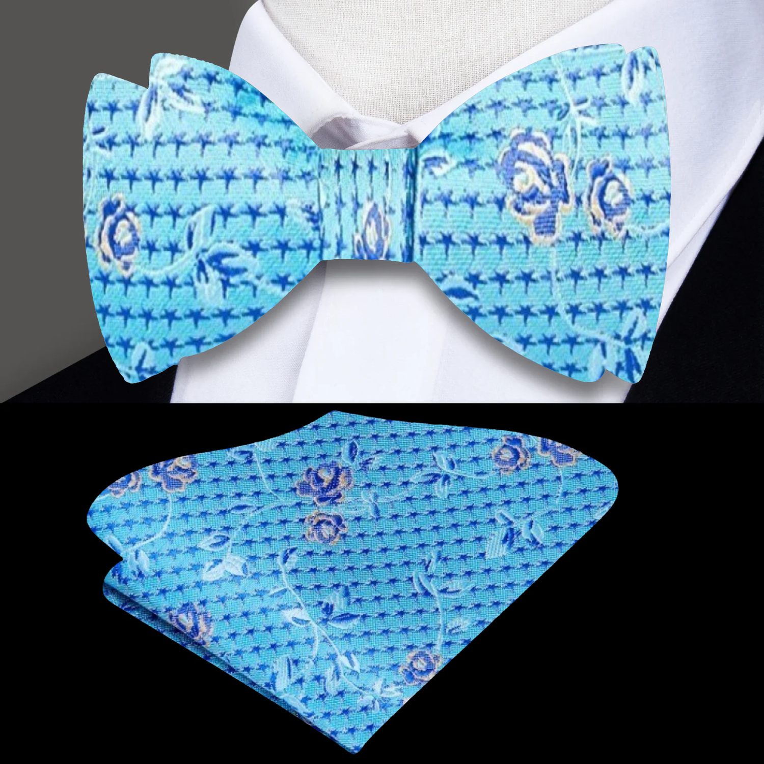 A Brilliant Blue Intricate Floral Pattern Silk Self Tie Bow Tie, Matching Pocket Square