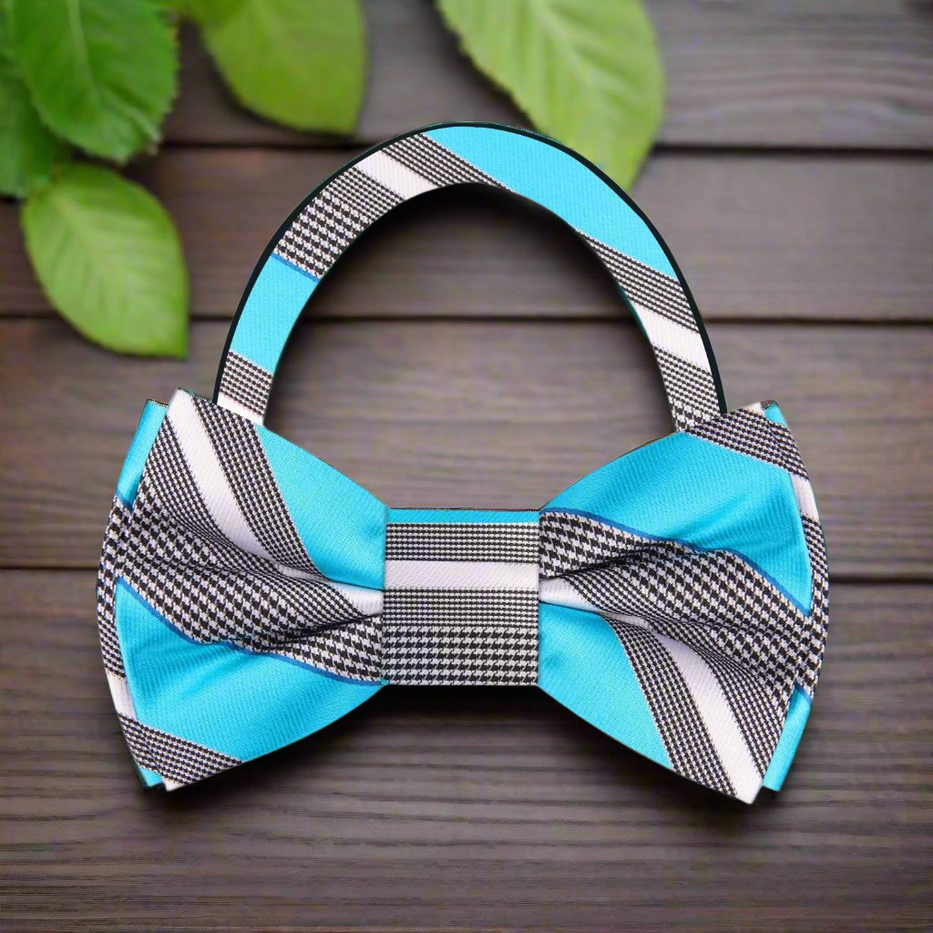 Teal, Grey, White Stripe Bow Tie Pre Tied