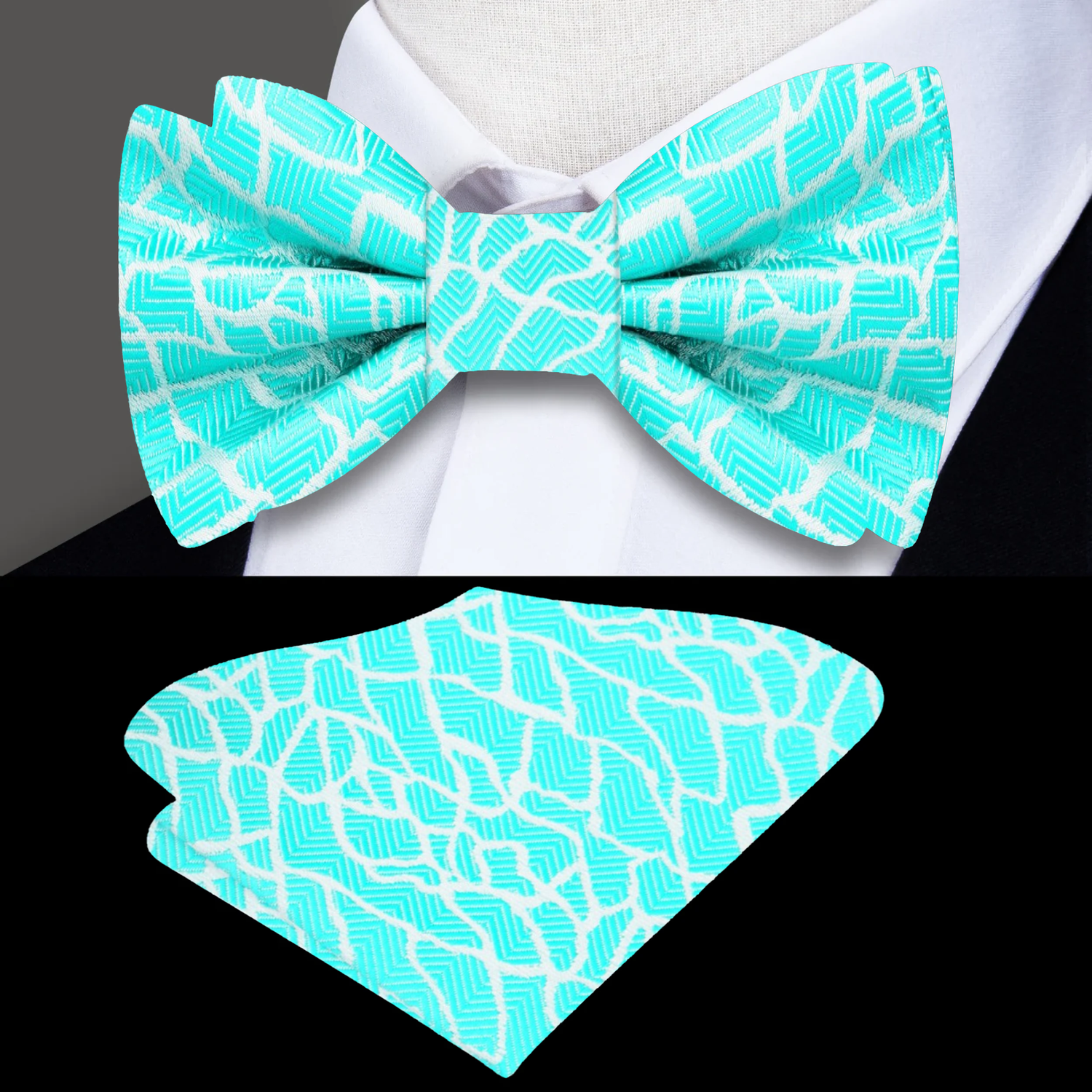 A Light Blue Abstract Cement Pattern Silk Self Tie Bow Tie, Matching Pocket Square