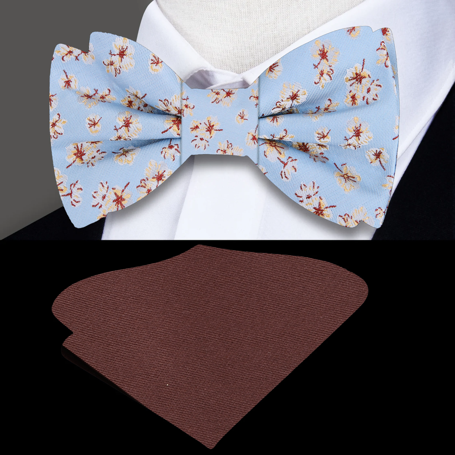 Light Blue, Burgundy, Cream Magnolia Flowers Bow Tie And Accenting Pocket Square