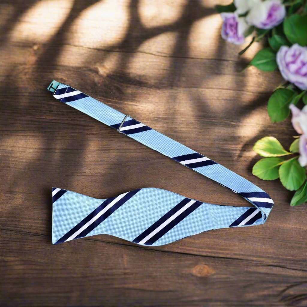 Light Blue, Dark Blue, White Stripe Self Tie Bow Tie