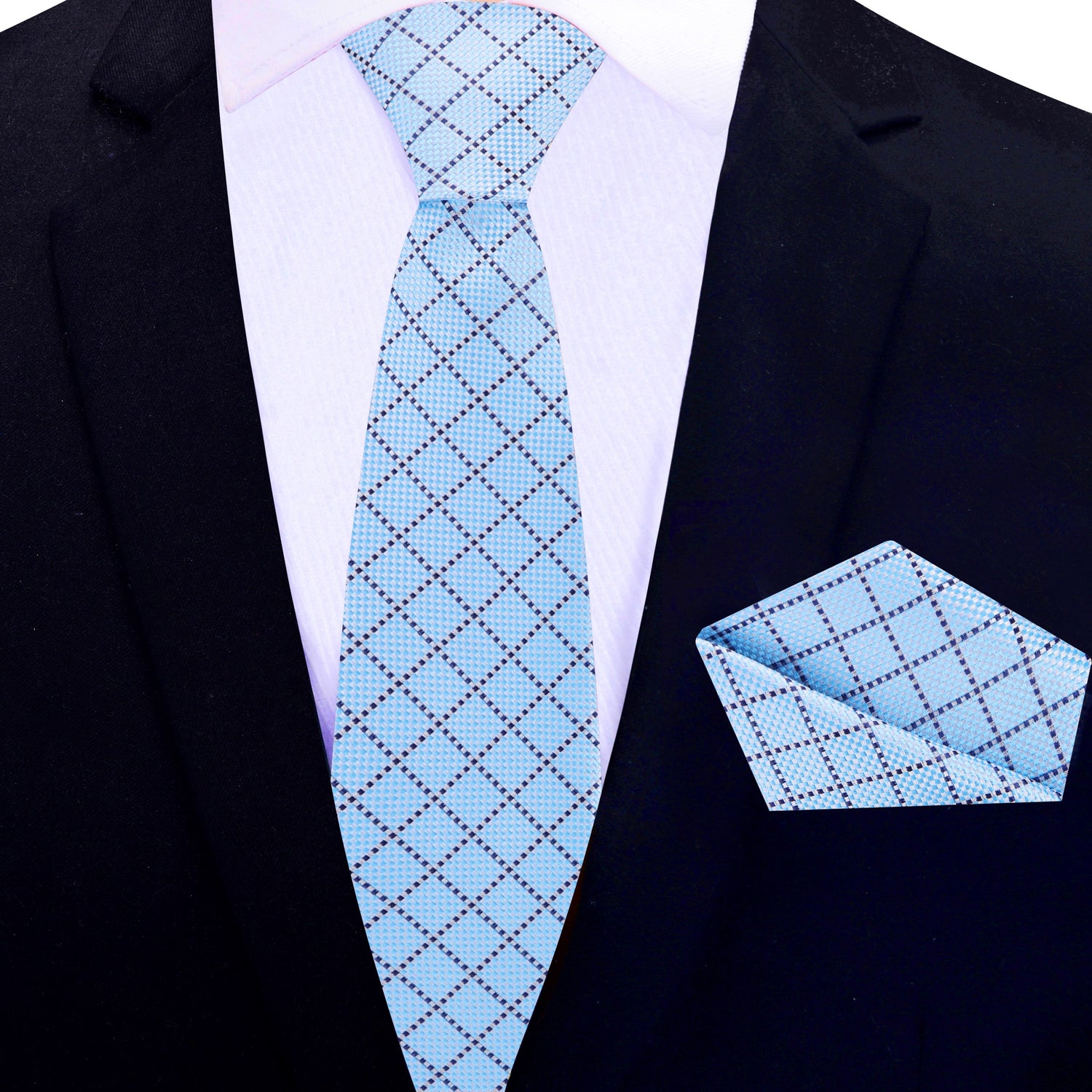 Thin Tie: Light Blue Plaid Necktie and Matching Square