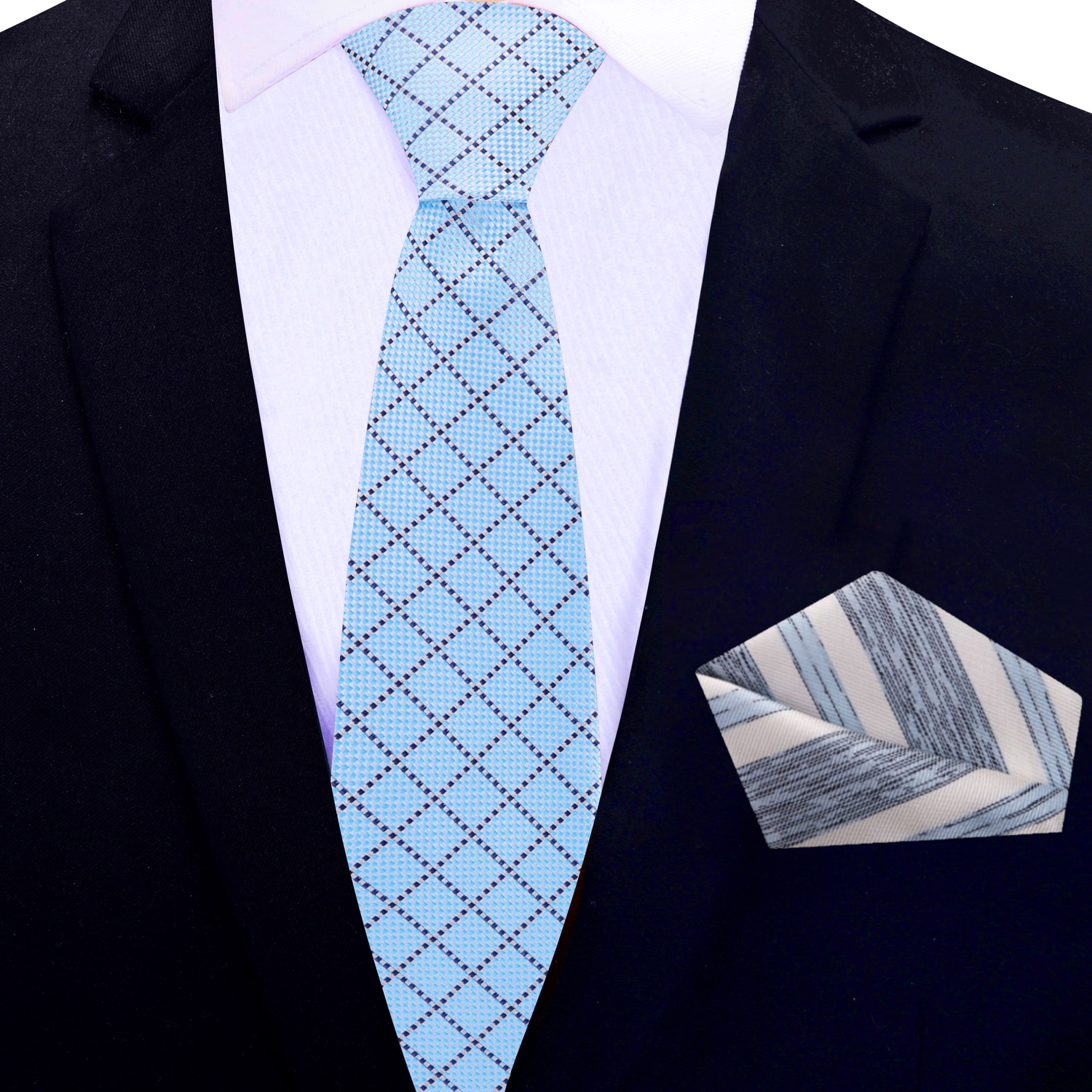 Thin Tie: Light Blue Plaid Necktie and White/Blue Stripe Square