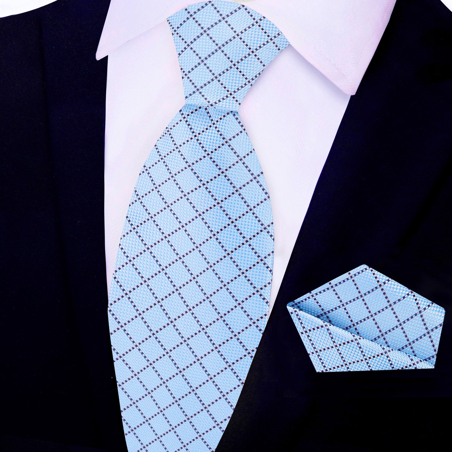 Light Blue Plaid Necktie and Matching Square