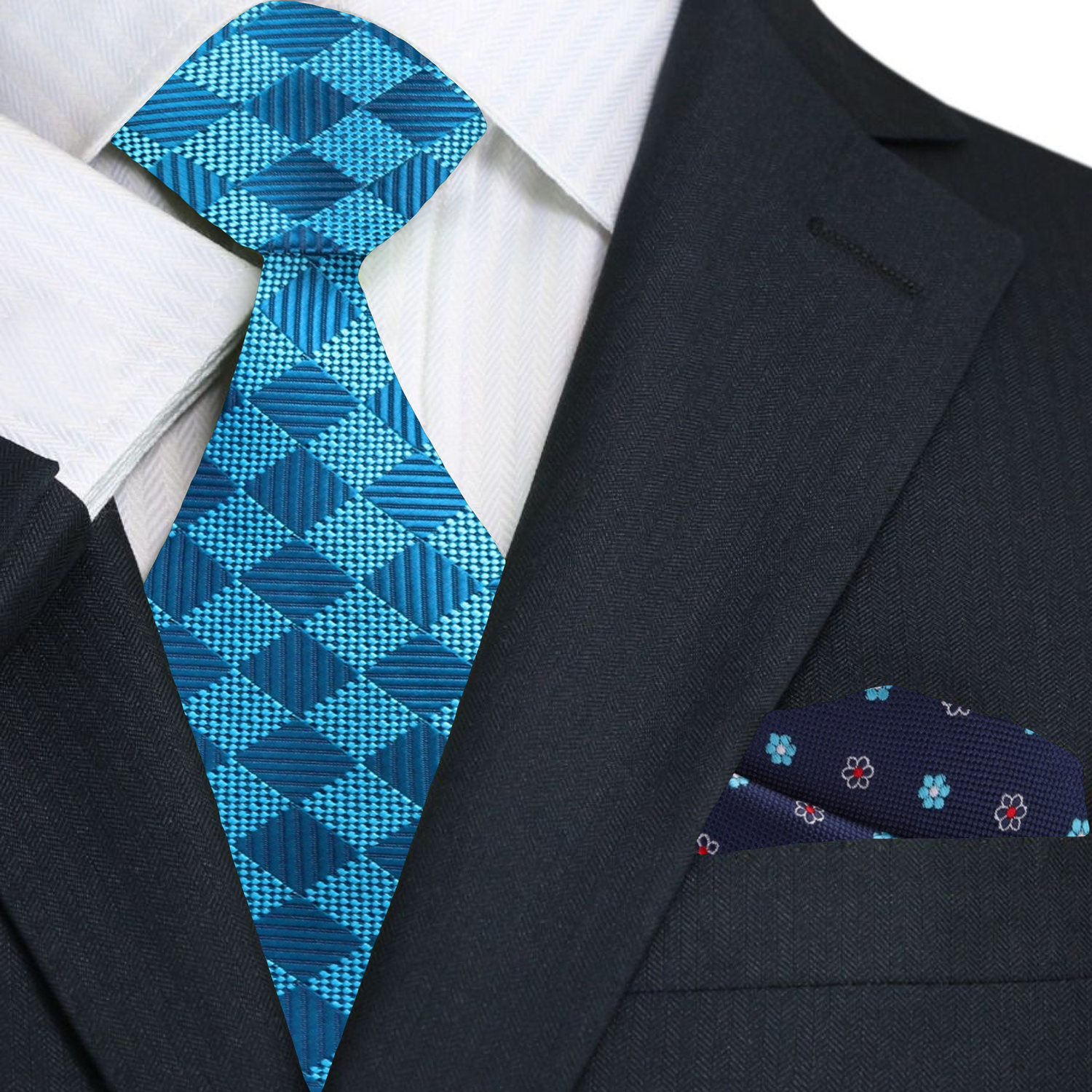 Premium Rich Cyan Blue Geometric Diamonds Tie and Accenting Floral Square