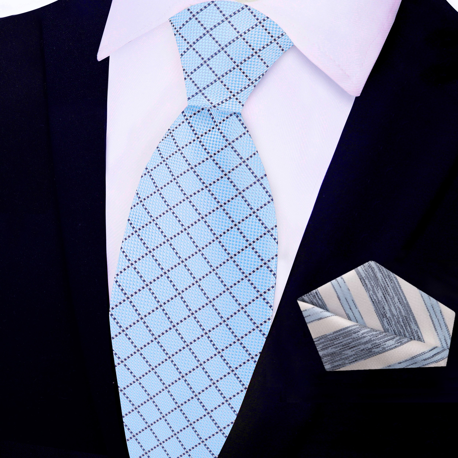 Light Blue Plaid Necktie and White/Blue Stripe Square