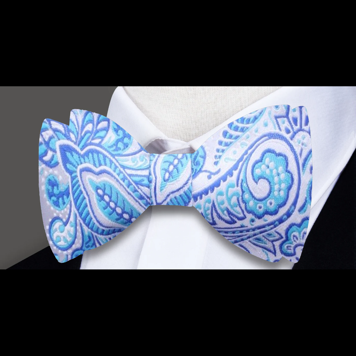 White and Blue Paisley Bow Tie