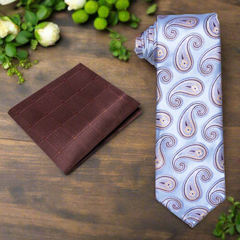 Alt Light Blue Paisley Necktie and Accenting Brown Square