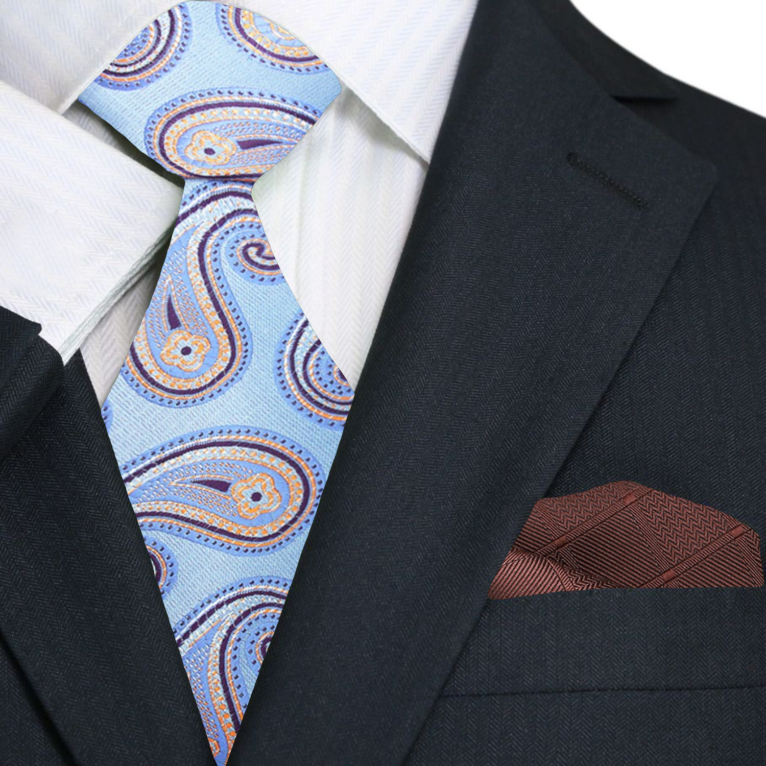 Light Blue Paisley Necktie and Accenting Brown Square