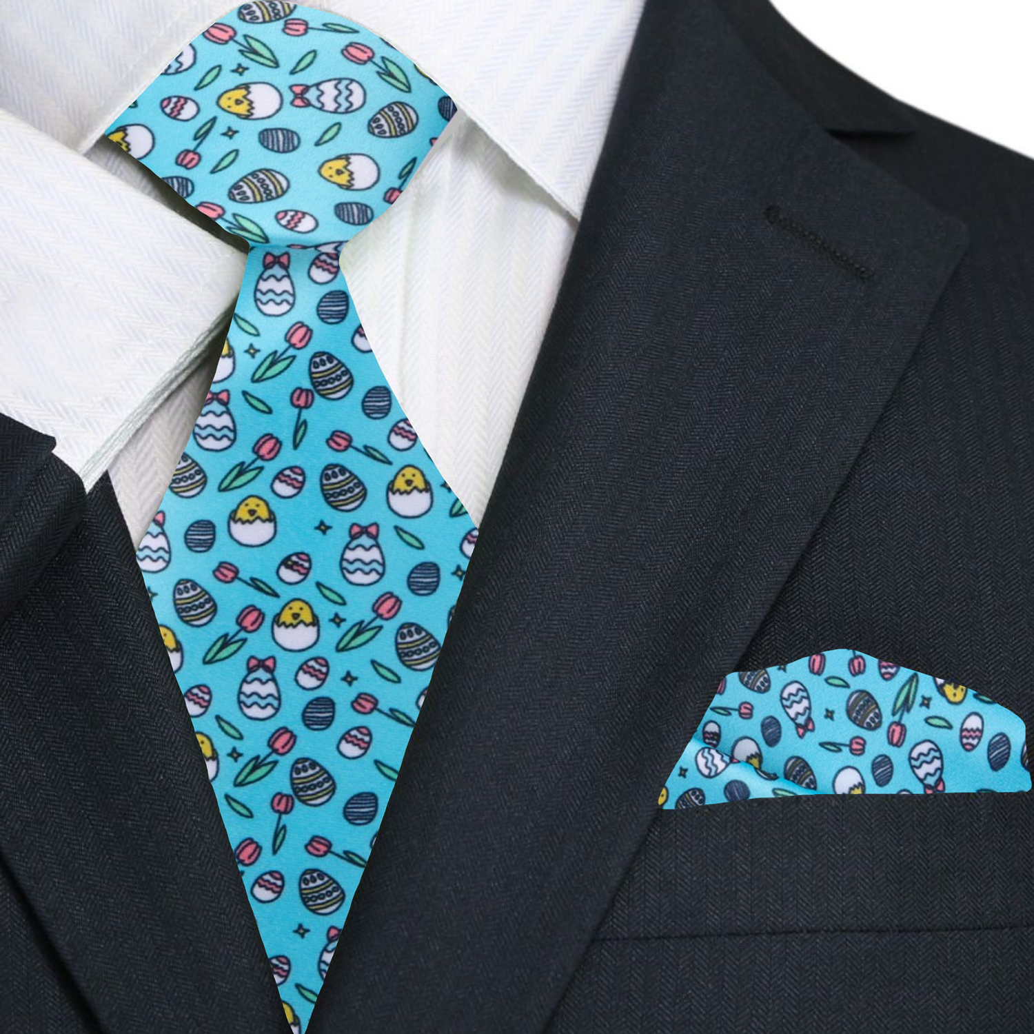 Premium Light Blue, Yellow, Pink Easter Eggs and Chics Tie and Pocket Square