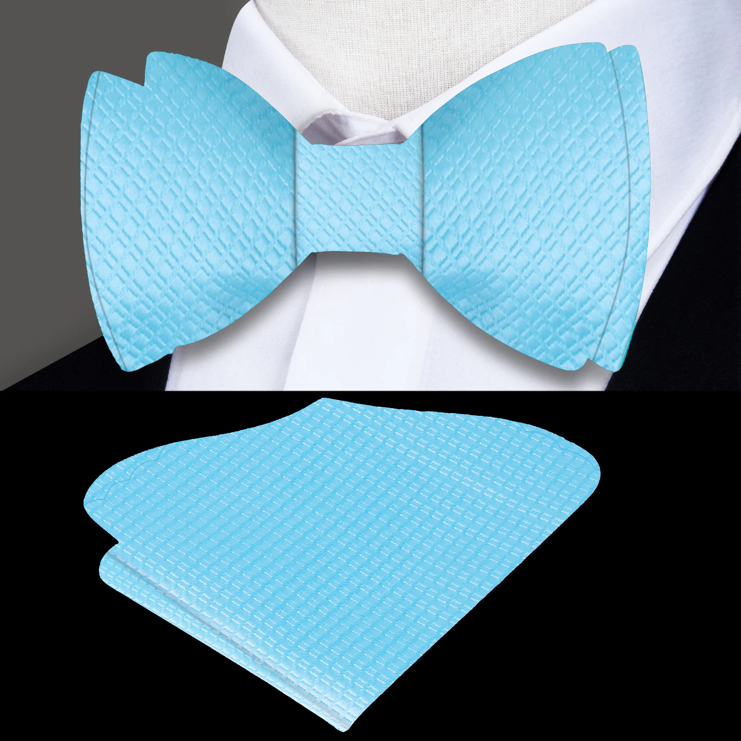 A Solid Mint With Small Check Texture Pattern Silk Self Tie Bow Tie and Square