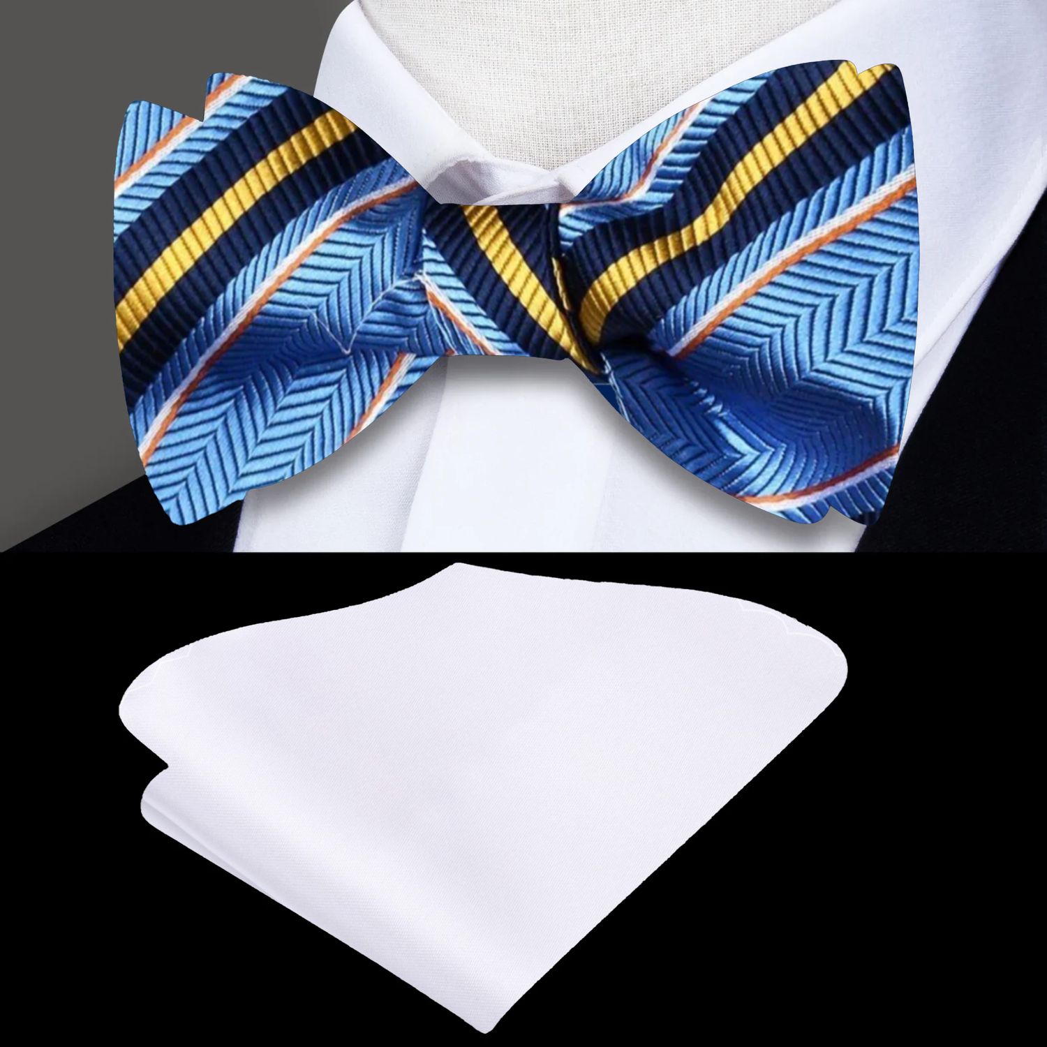 A Light Blue, Yellow Stripe Pattern Silk Self Tie Bow Tie, White Pocket Square