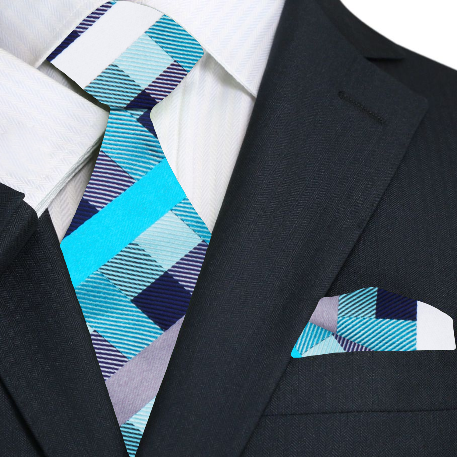 Premium Light Blue, Silver Check Tie and Pocket Square