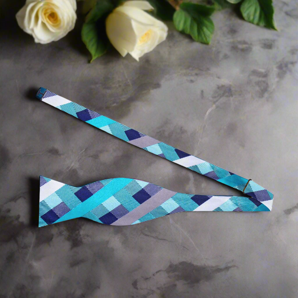 Light Blue and Silver Check self Tie Bow Tie