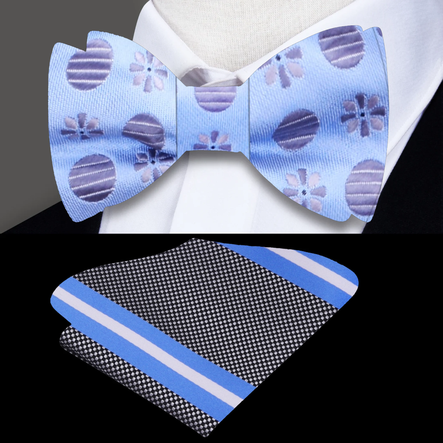Blue, Grey Polka & Clover Bow Tie and Grey, Blue Stripe Square