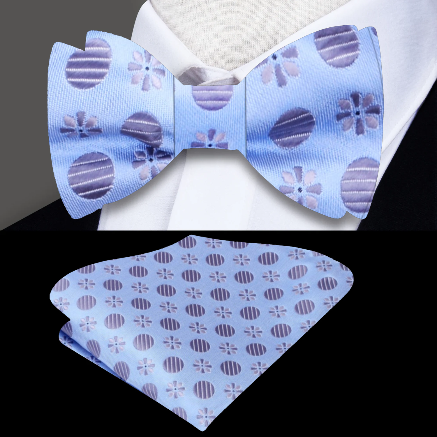 Blue, Grey Polka & Clover Bow Tie and Matching Square