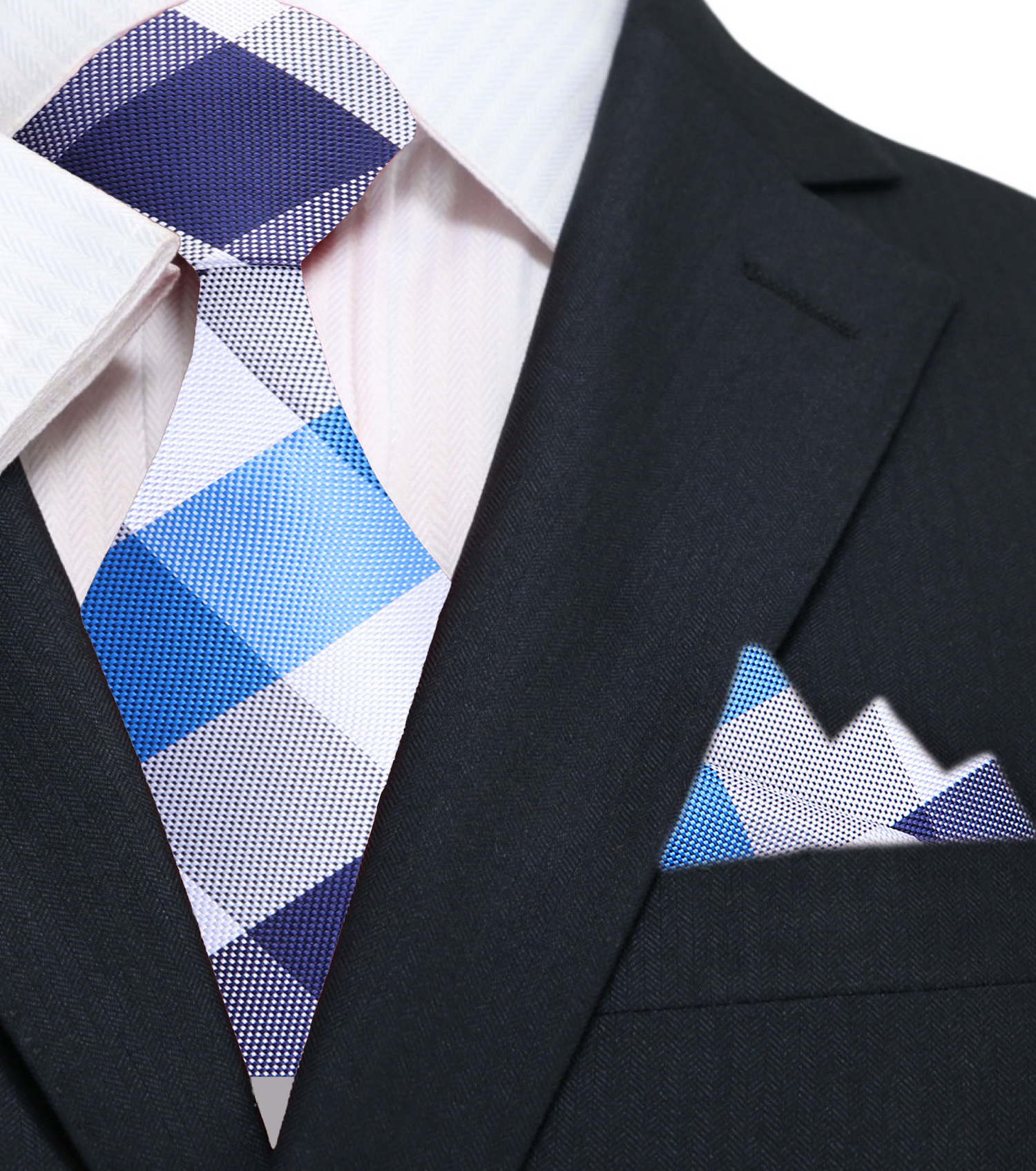Main: A Blue, Light Blue, White Plaid Pattern Silk Necktie, Matching Pocket Square