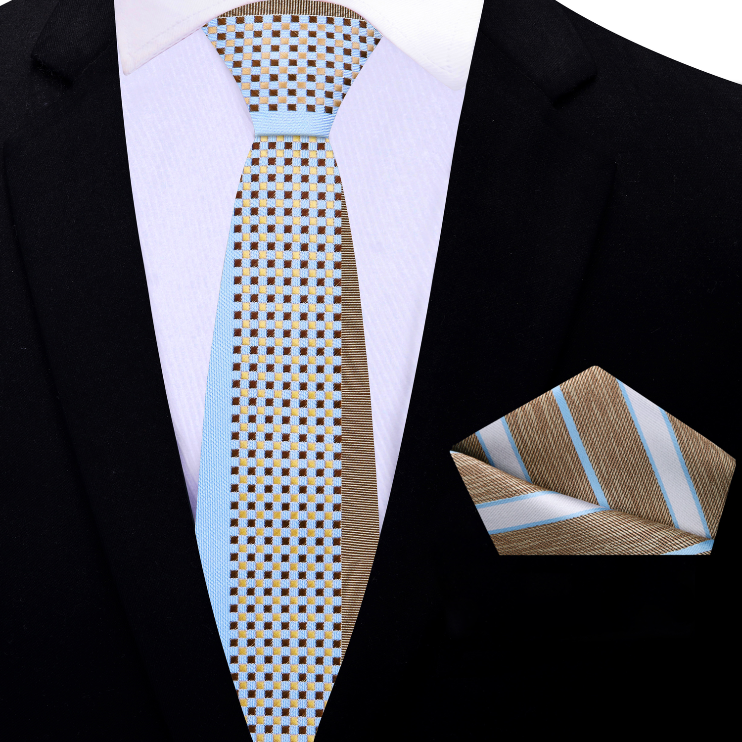 Light Blue, Light Brown Check Thin Tie and Accenting Brown, Blue Stripe Square