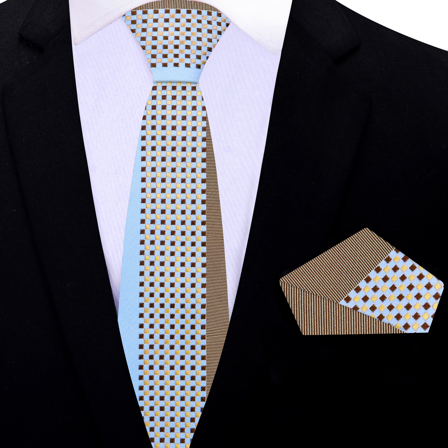 Light Blue, Light Brown Check Thin Tie and Matching Square