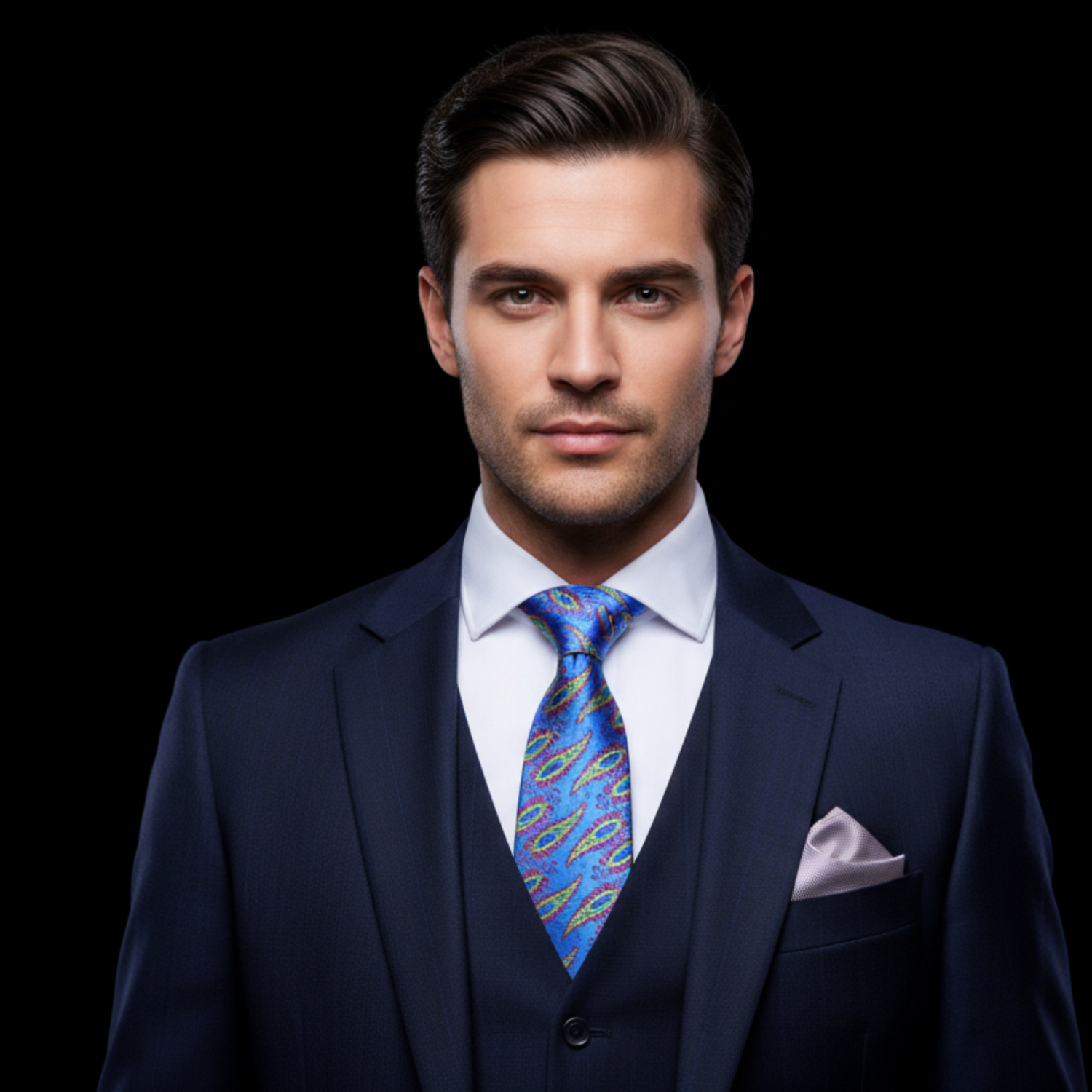Man wearing a dark suit with a blue patterned tie on a black background