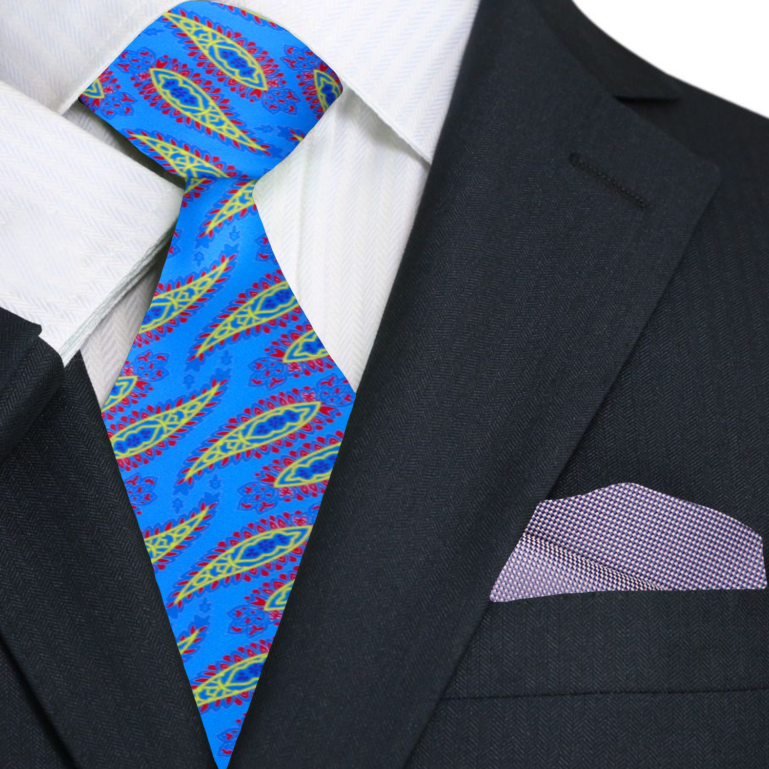 Blue patterned tie with a black suit and white shirt