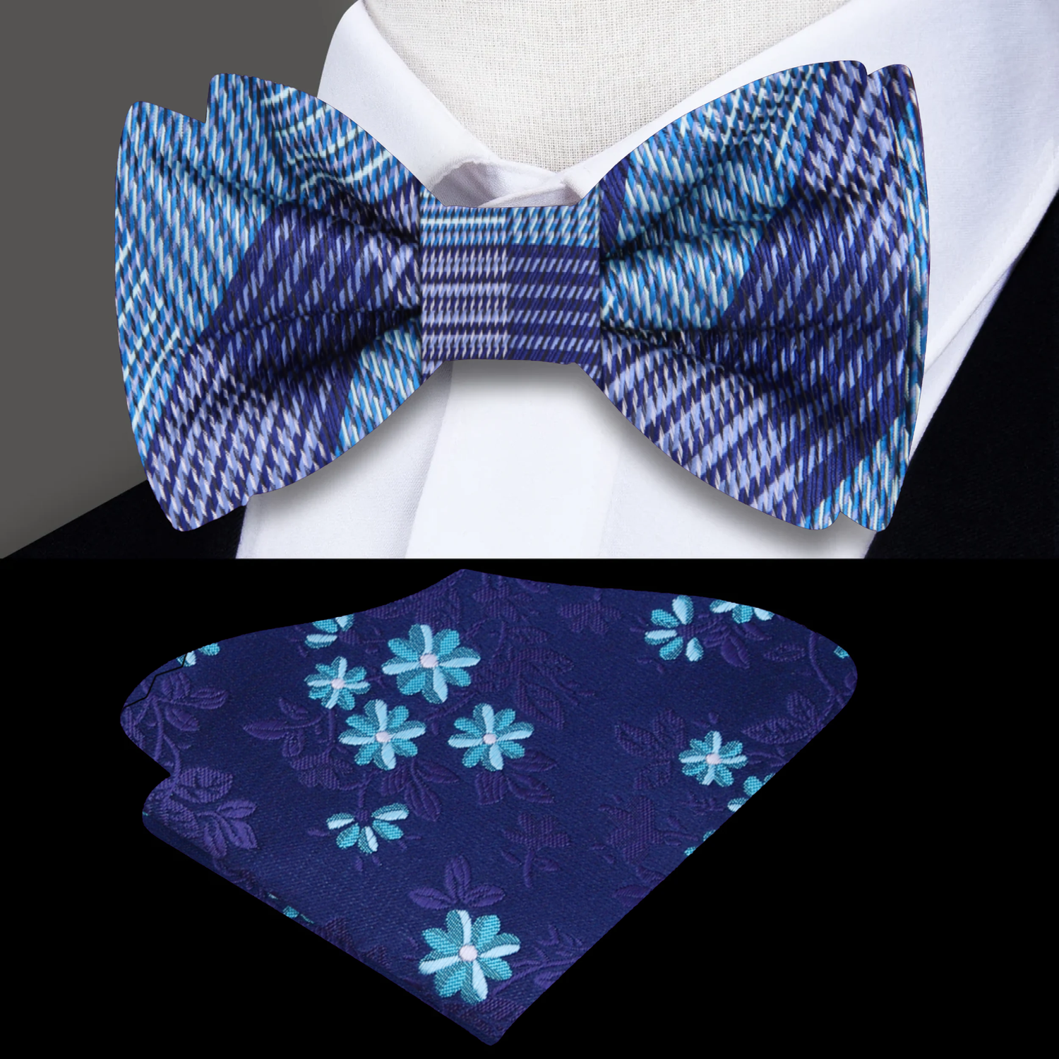 Main: Light Purple, Light Blue Plaid Bow Tie and Blue Floral Square