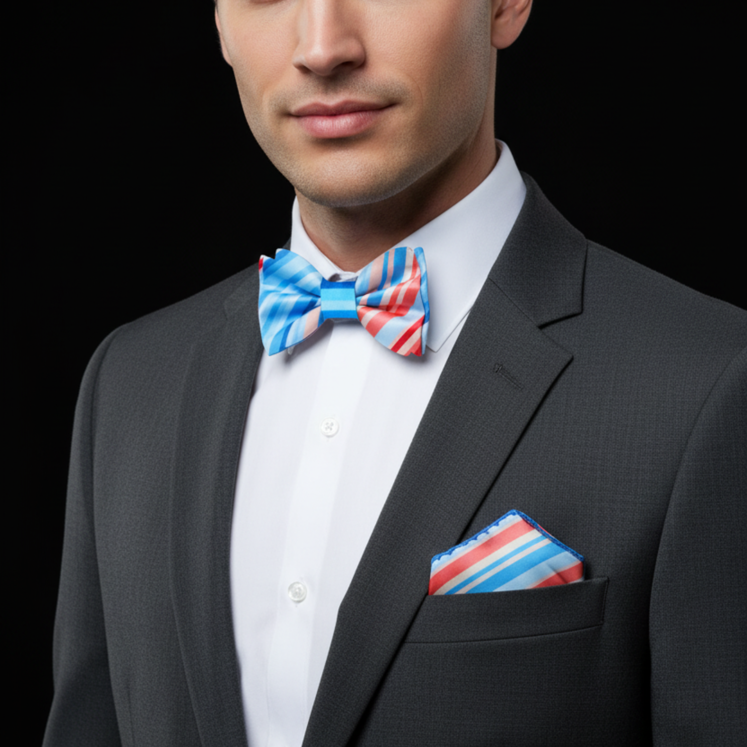 Man wearing a dark suit with a colorful bow tie and pocket square on a black background