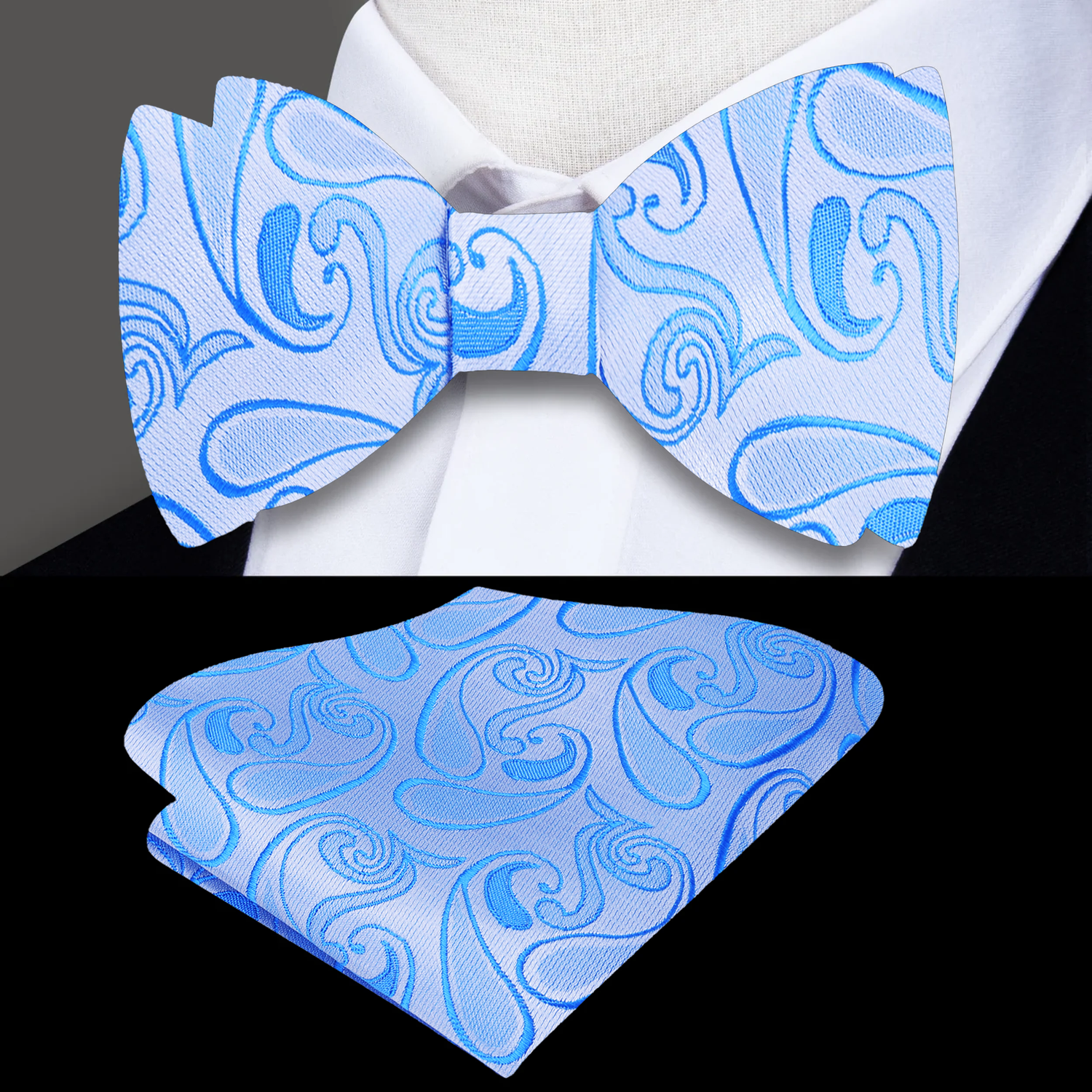 A Red, Blue Paisley Pattern Silk Self Tie Bow Tie, Matching Pocket Square