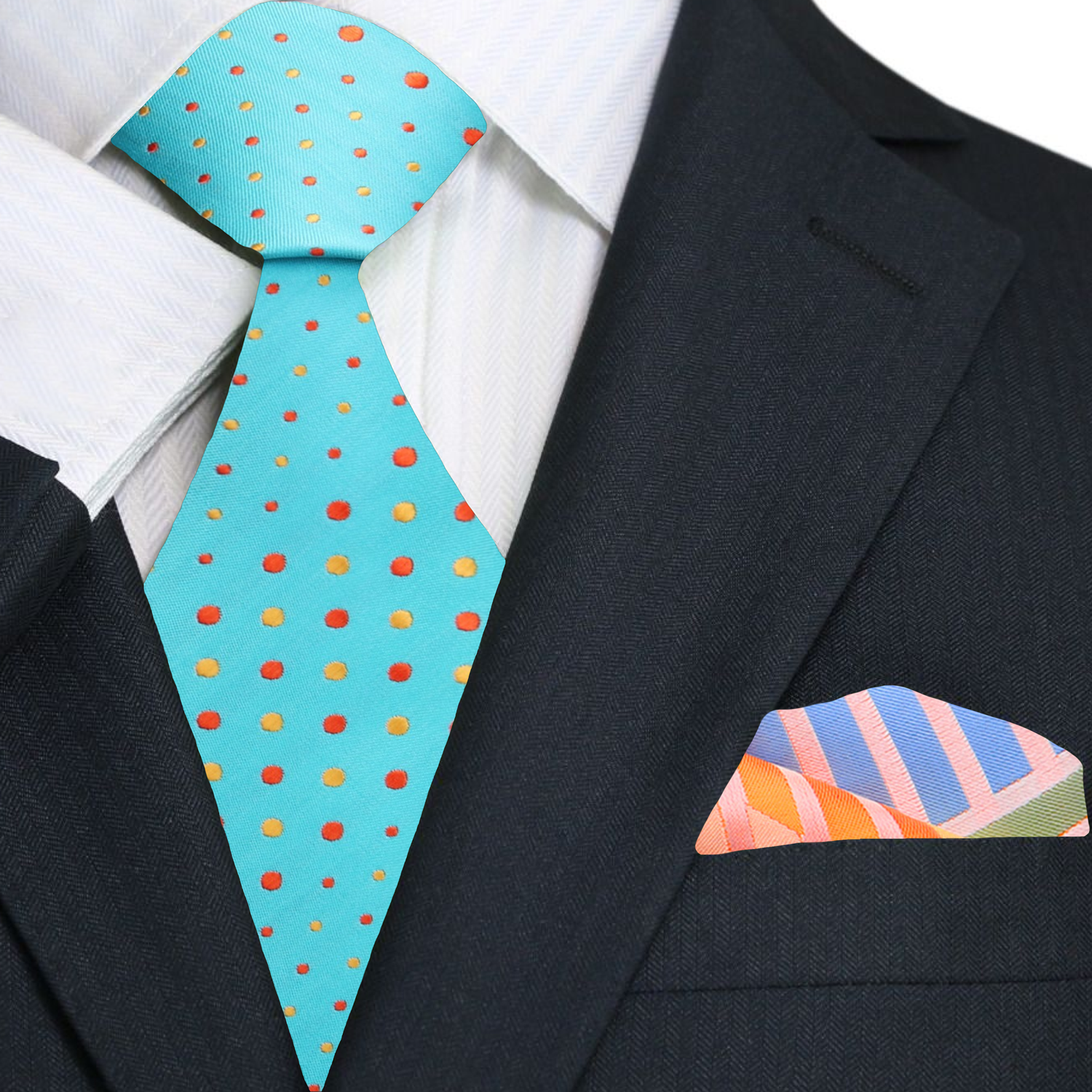 A Light Blue, Orange, Yellow Polka Dot Pattern Silk Necktie, Accenting Pocket Square