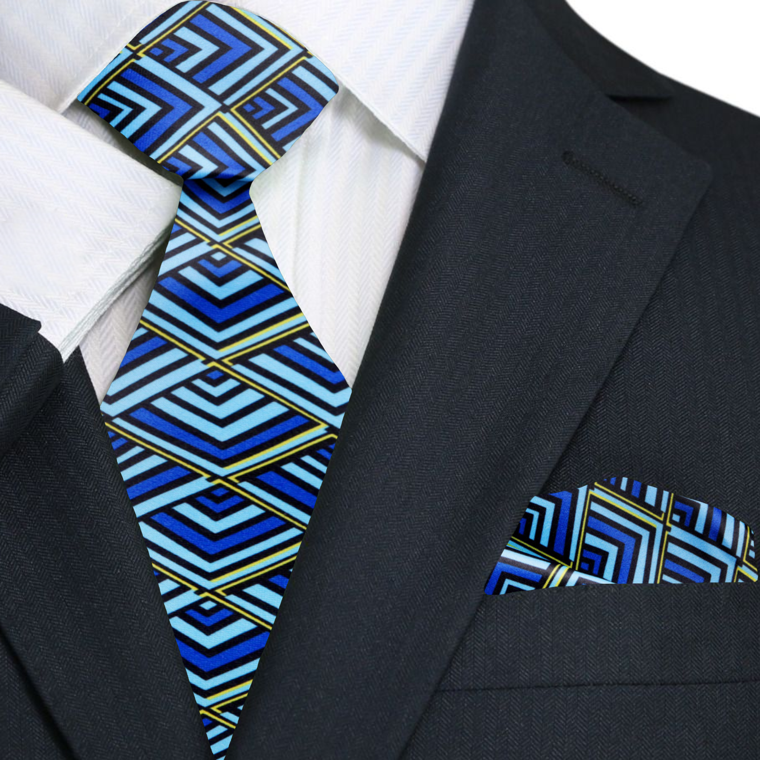 Premium Blue Aqua Black Geometric Tie Pocket Square