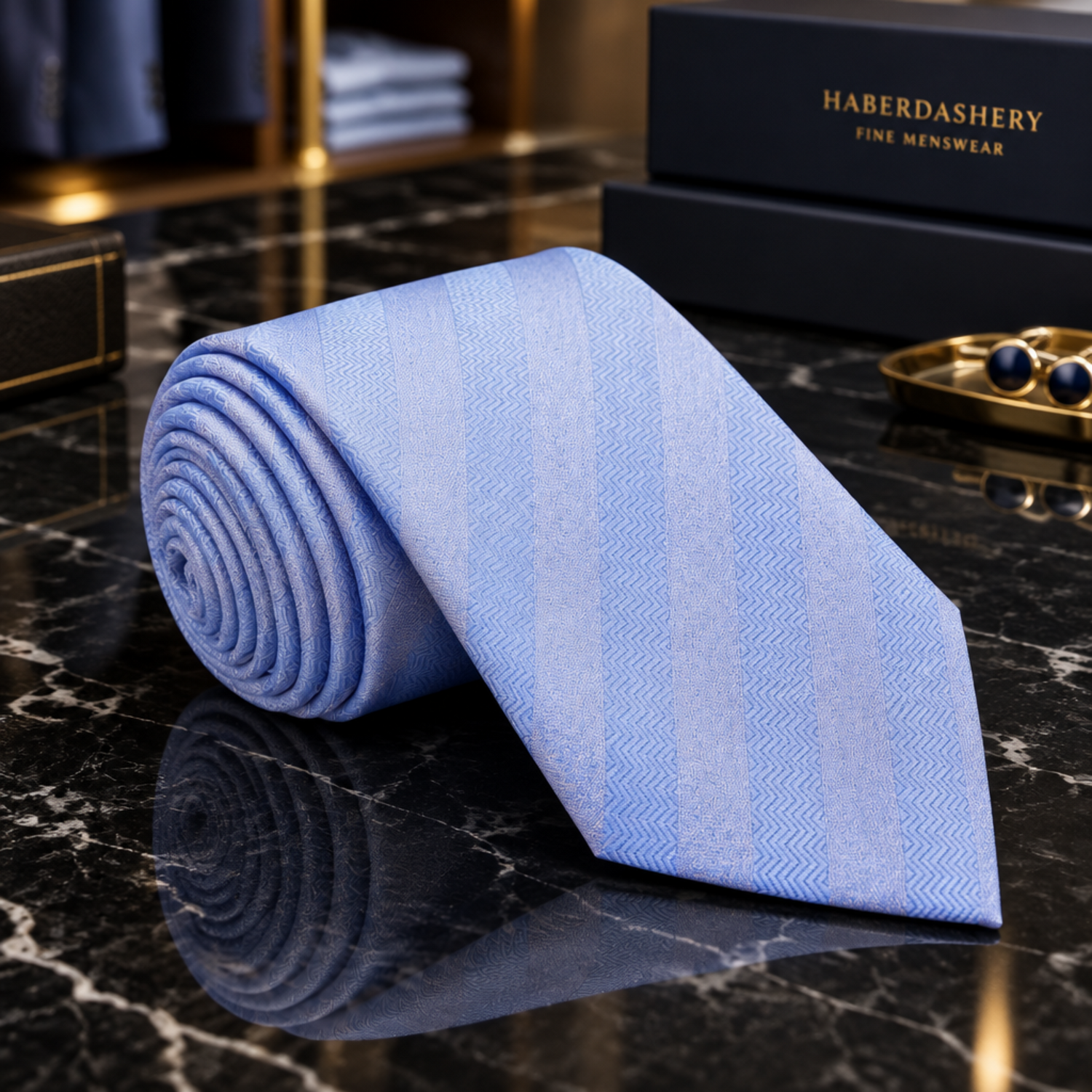 A rolled light blue striped necktie with a subtle herringbone texture, displayed on a polished black marble surface. A black presentation box with gold lettering reading 'HABERDASHERY FINE MENSWEAR' is visible in the background.