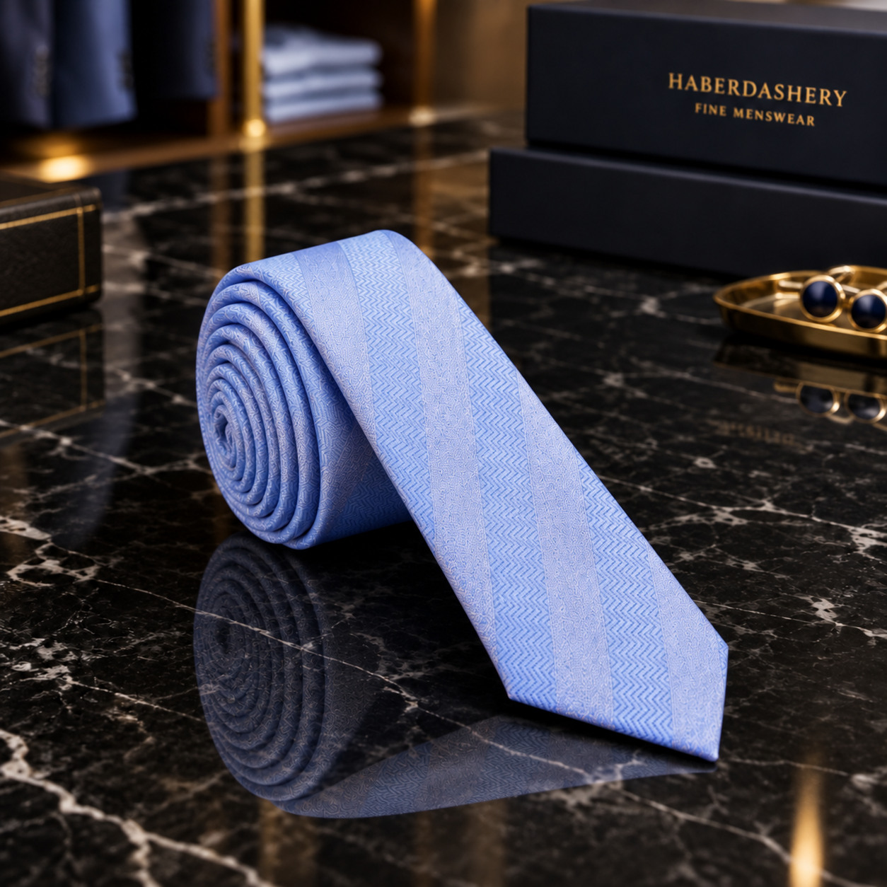 Thin Light Blue Necktie with Tonal Herringbone Stripes Square1