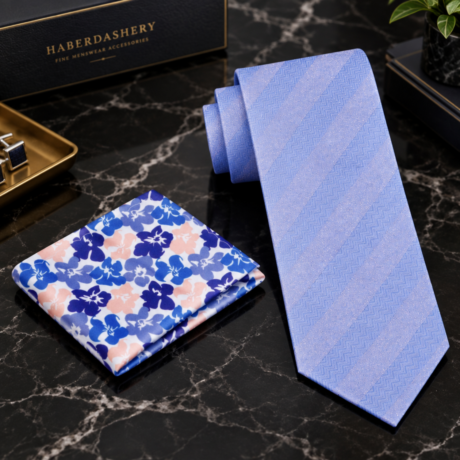 Light Blue Necktie with Tonal Herringbone Stripes Square Accent